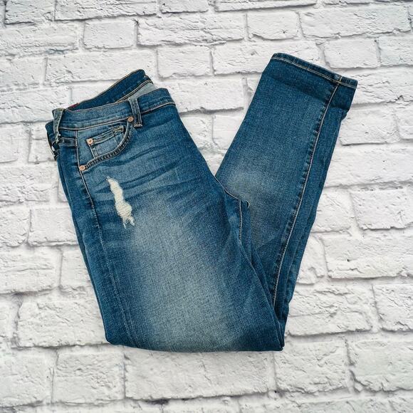 7 FOR ALL MANKIND Women's Button Fly Skinny Boyfriend Jeans 26 Blue Distressed - Picture 1 of 10